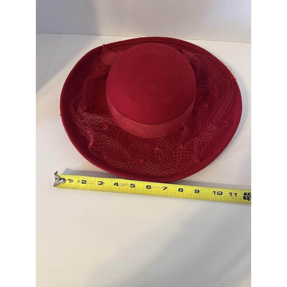 Vintage Michael Howard Red Wool Hat Net Veil Bow Miss Bierner 100% Wool - Picture 8 of 9